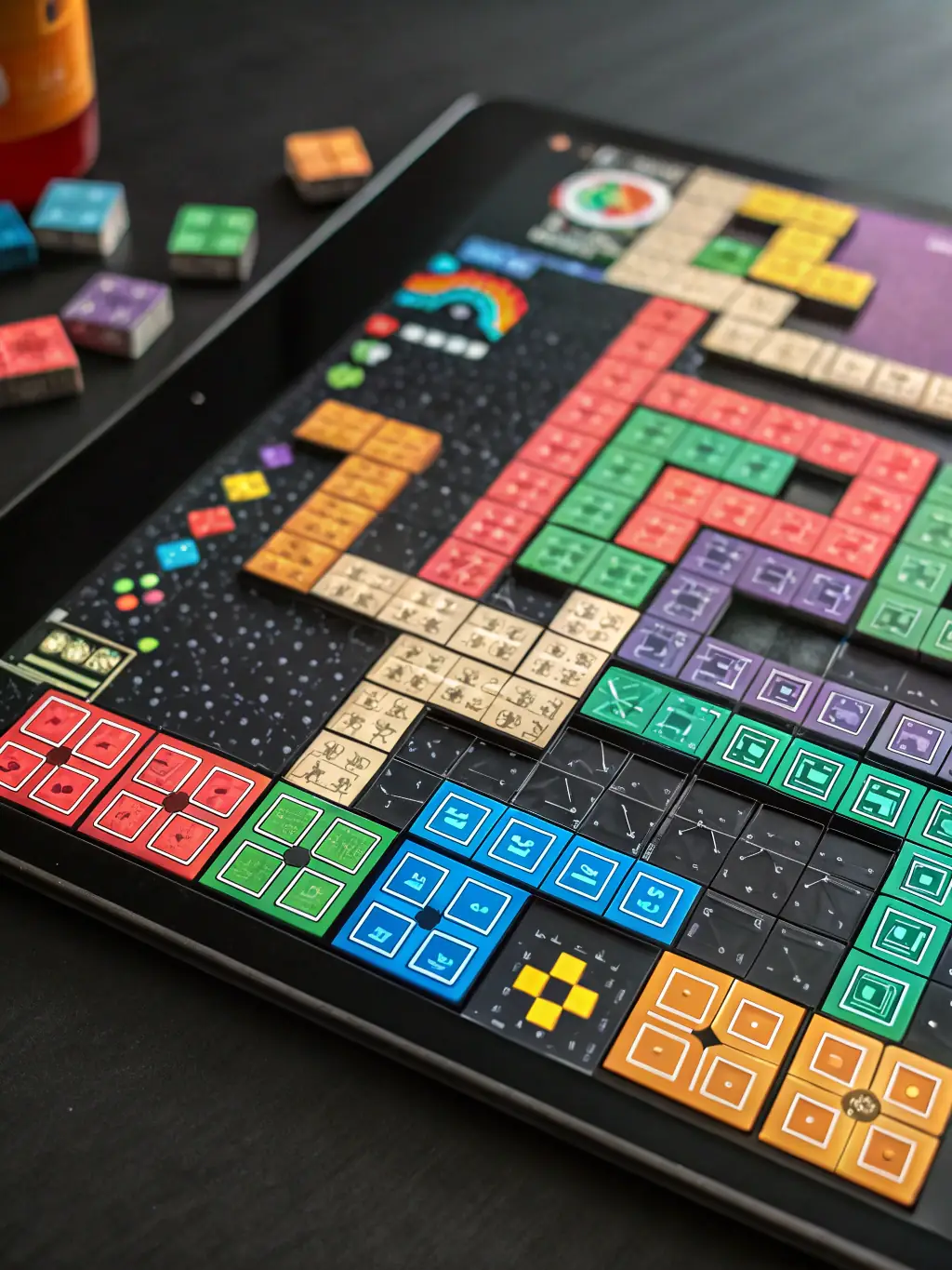 A screenshot from 'Puzzle Paradise' featuring a complex puzzle level with colorful blocks and intuitive gameplay, emphasizing the game's addictive nature and brain-teasing challenges.
