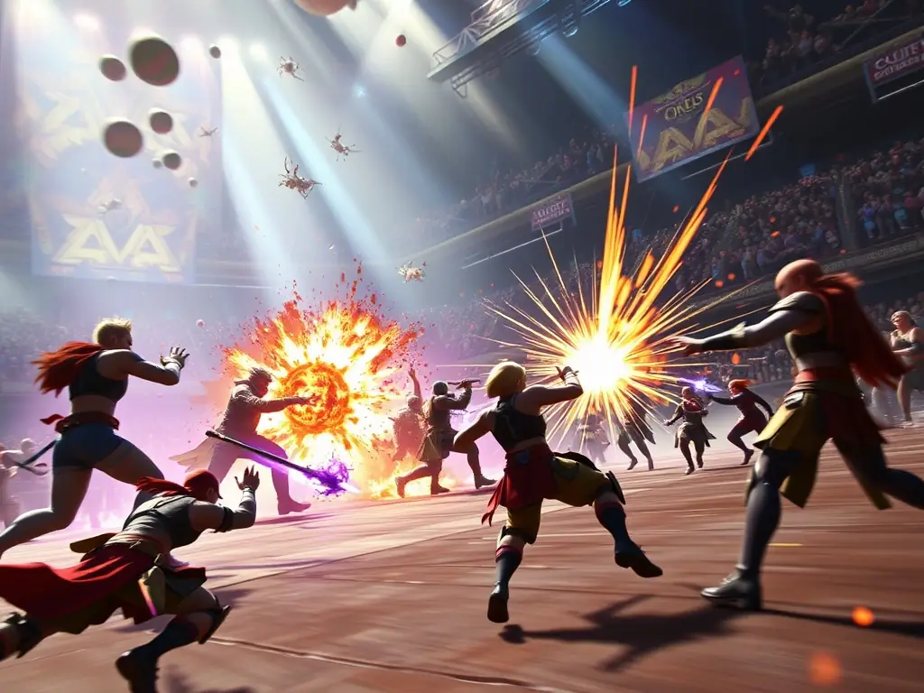 A dynamic action shot from 'Battle Arena' showcasing intense multiplayer battles and character customization options.